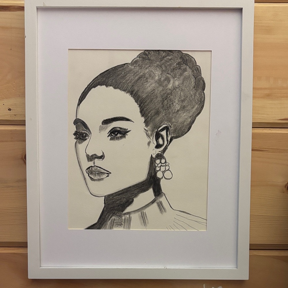 Framed Black and White Portrait Drawing